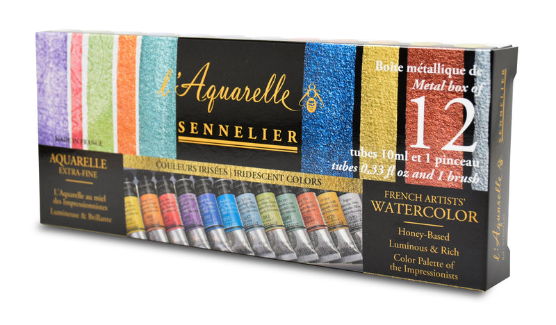 Sennelier Artist Watercolor Iridiscent Colors - 12 Tubes and 1 brush Watercolor Paint Art Nebula