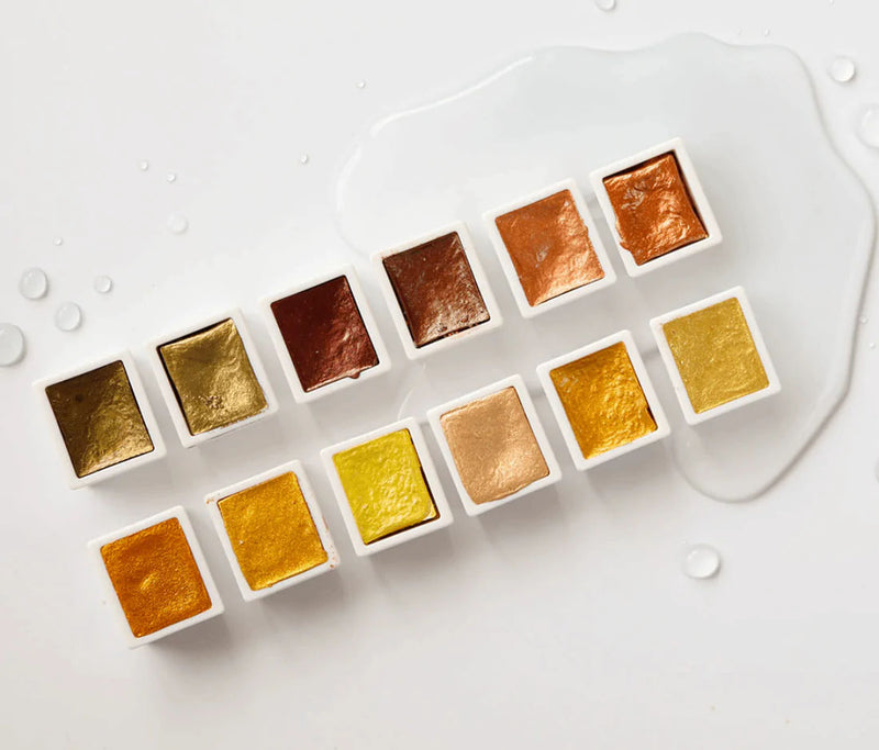 Etchr Lab Pearlescent Watercolor 12 Color Half Pan Set - Gold Watercolor Paint Art Nebula