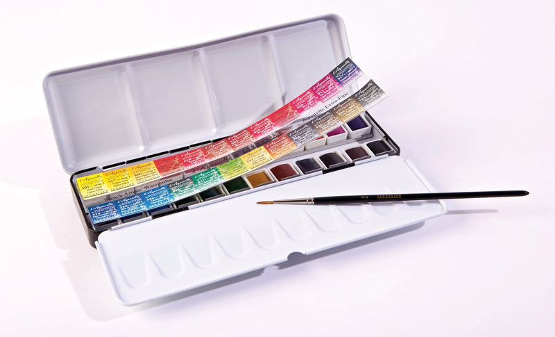 Sennelier 24 Artist Watercolour Half pans Metal Box (includes 1 brush) Watercolor Paint Art Nebula