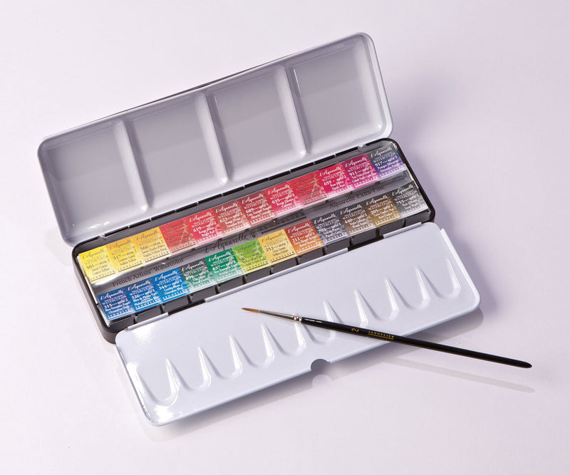 Sennelier 24 Artist Watercolour Half pans Metal Box (includes 1 brush) Watercolor Paint Art Nebula