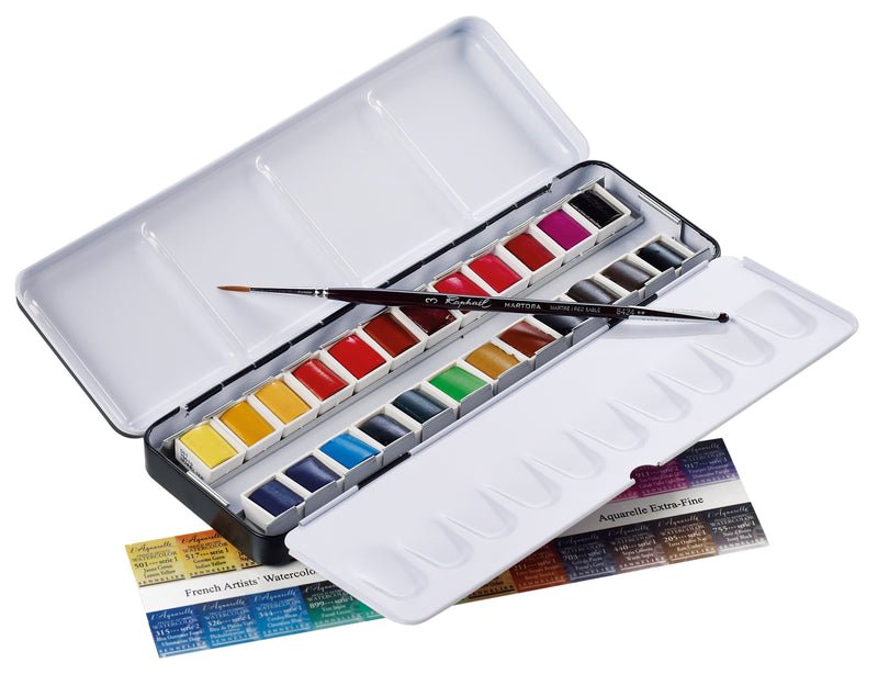Sennelier 24 Artist Watercolour Half pans Metal Box (includes 1 brush) Watercolor Paint Art Nebula