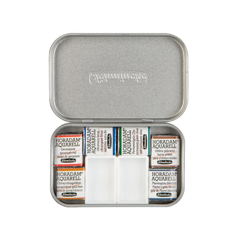 Schmincke Horadam Urban Sketching Set -  6 Half pans, 2 empty full pan, Hahnemuhle, Da Vinci Brush
