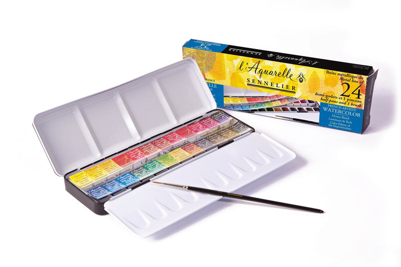 Sennelier 24 Artist Watercolour Half pans Metal Box (includes 1 brush) Watercolor Paint Art Nebula