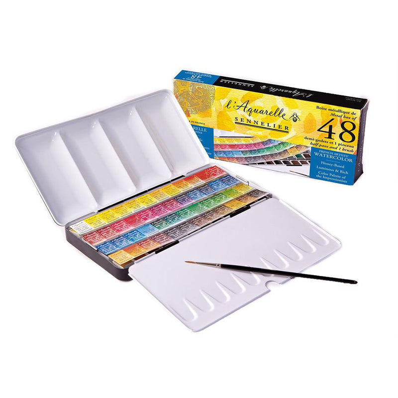 Sennelier 36 Artist Watercolour Half pans metal box with 12 free half-pans (includes 1 brush) Watercolor Paint Art Nebula