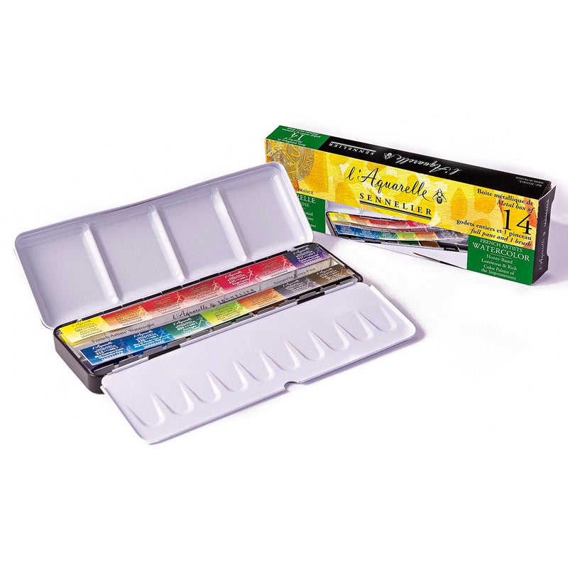 Sennelier Artist Watercolour 14 Full pans Metal Box  (includes 1 brush) Watercolor Paint Art Nebula