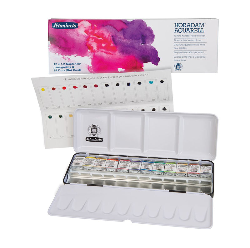 Schmincke Horadam Watercolor Metal Set - 12 Half Pans + 12 Empty spaces + 24-Color Dot Cards Watercolor Paint Art Nebula